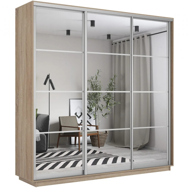Шкаф-купе Экспресс, сонома, 210х220х60 см, профиль серебро, 1 штанга, 9 полок Зеркало Шкаф-купе Экспресс, сонома, 210х220х60 см, профиль серебро, 1 штанга, 9 полок Зеркало