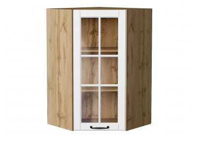 Шкаф верхний угловой остекленный Дублин Special White/Дуб Вотан 920*600*600