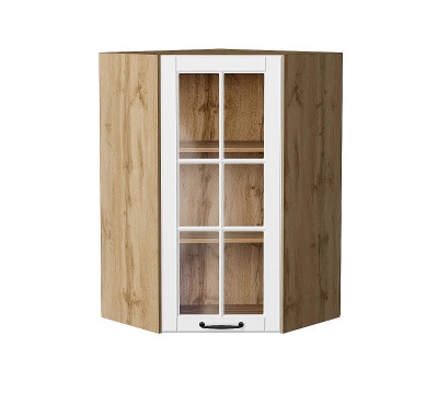 Шкаф верхний угловой остекленный Дублин Special White/Дуб Вотан 920*600*600